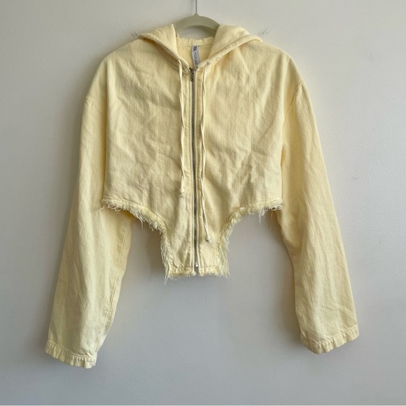 Zara Cropped Jean jacket pale light butter yellow asymmetrical zip flare hooded - Picture 2 of 9